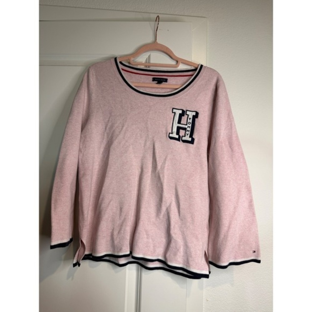 Tommy Hilfiger Pink Varsity H Patch Striped Trim Crewneck Sweater XL